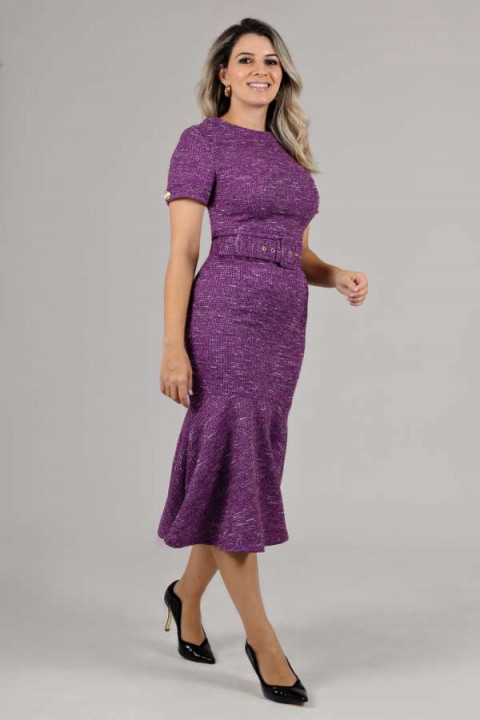 Vestido tweed midi com manga Keila - Roxo