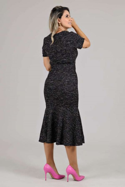 Vestido tweed midi com manga Keila - Preto