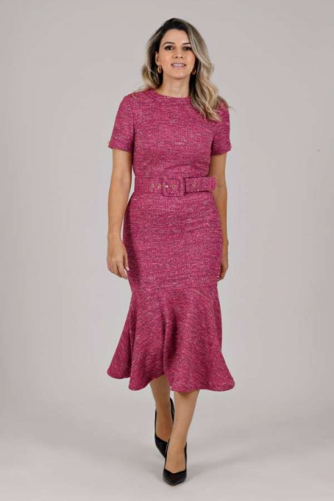 Vestido tweed midi com manga Keila - Rosa