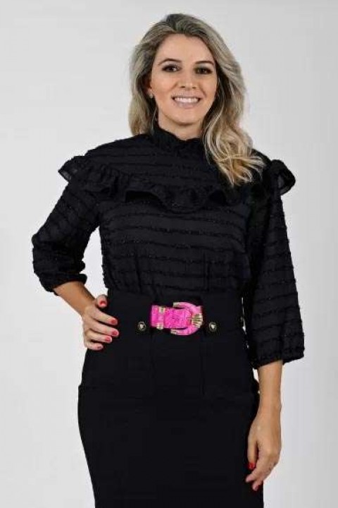 Blusa babado 3/4  Gracielle  - Preto