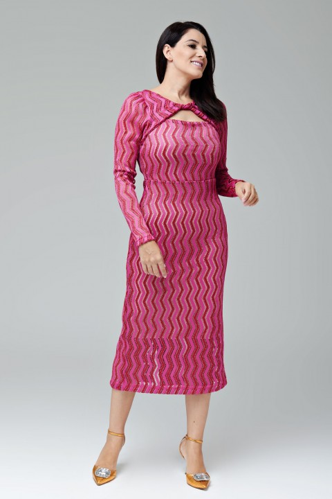Vestido de renda midi pink com rosa e manga longa -  Amélia