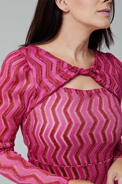Vestido de renda midi pink com rosa e manga longa -  Amélia