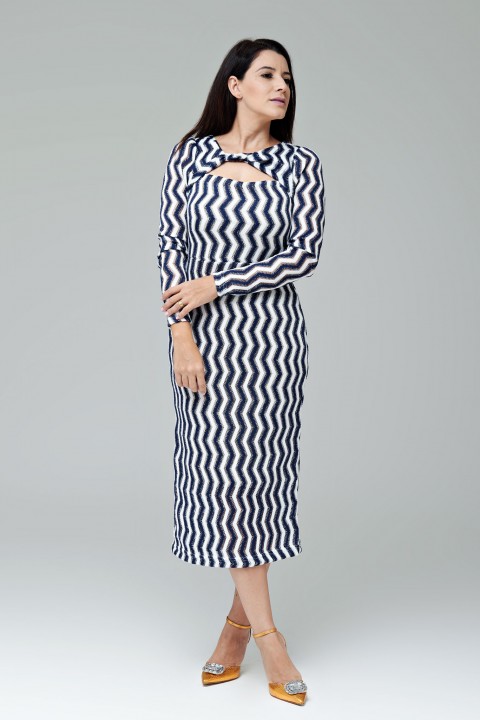 Vestido de renda midi azul marinho com branco e manga longa -  Amélia