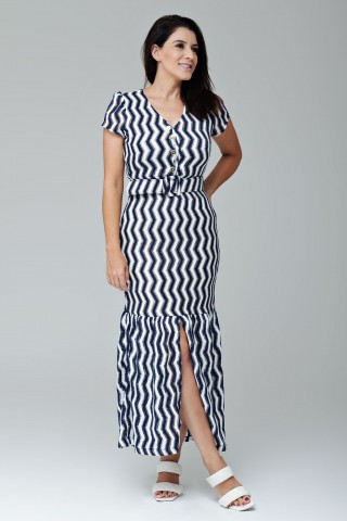 Vestido midi azul marinho com branco e fenda frontal e botões - Adelaide