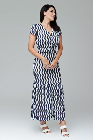 Vestido midi azul marinho com branco e fenda frontal e botões - Adelaide
