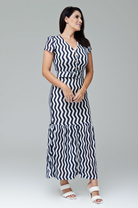 Vestido midi azul marinho com branco e fenda frontal e botões - Adelaide