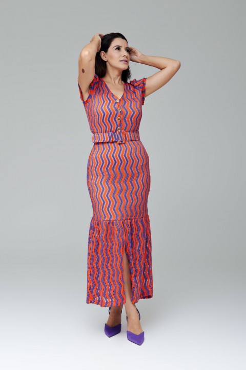 Vestido midi laranja com fenda frontal e botões - Adelaide