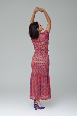 Vestido midi laranja com roxo e fenda frontal e botões - Adelaide