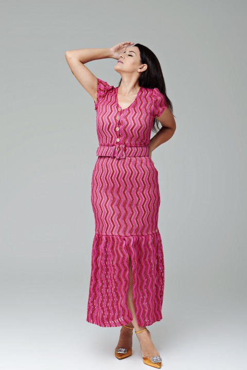 Vestido midi pink com fenda frontal e botões - Adelaide