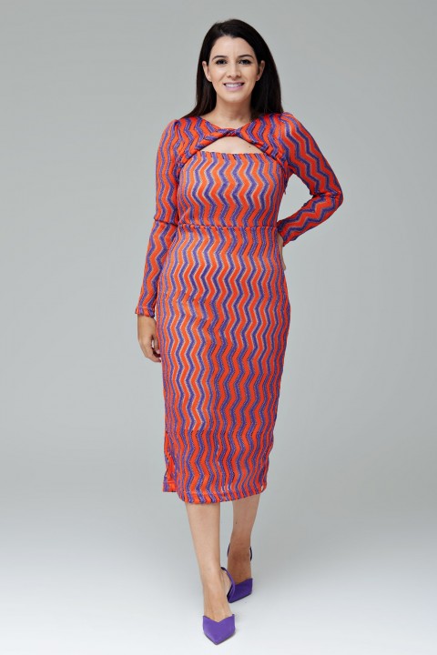 Vestido de renda midi laranja com roxo e manga longa -  Amélia