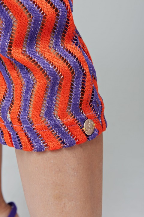 Vestido de renda midi laranja com roxo e manga longa -  Amélia