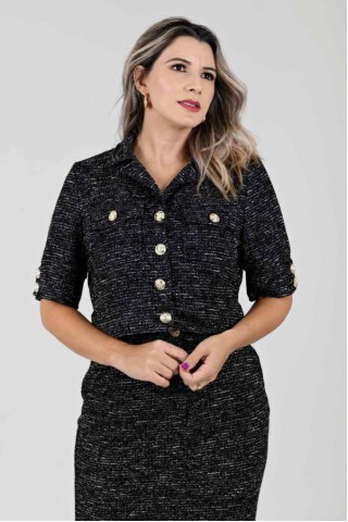 Blusa Tweed com manga 3/4 - Caroline Preta