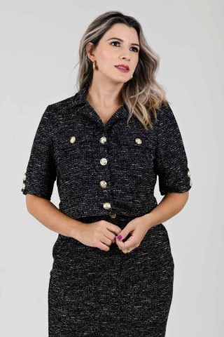 Blusa Tweed com manga 3/4 - Caroline Preta