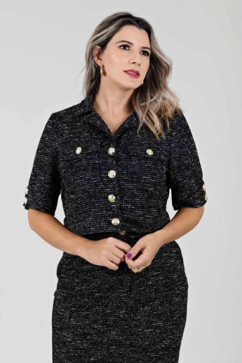 Blusa Tweed com manga 3/4 - Caroline Preta